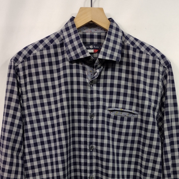 Stone Rose Plaid Button Shirt Mens M Blue White Casual Fabric From Italy - Picture 2 of 8